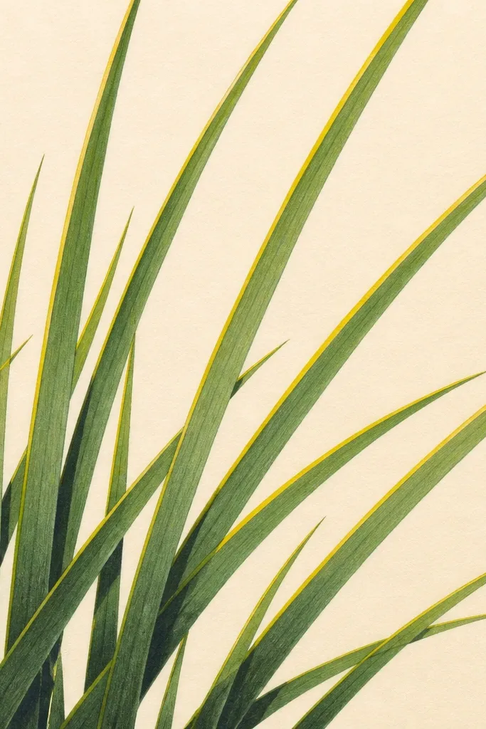 A close-up of a grass drawing on warm cream paper. Each blade is long and narrow with a bright lemon-yellow highlight line running along one edge. The bases are darker green and the overlaps create clean, sharp shadow shapes. The background is blank, with no wash.