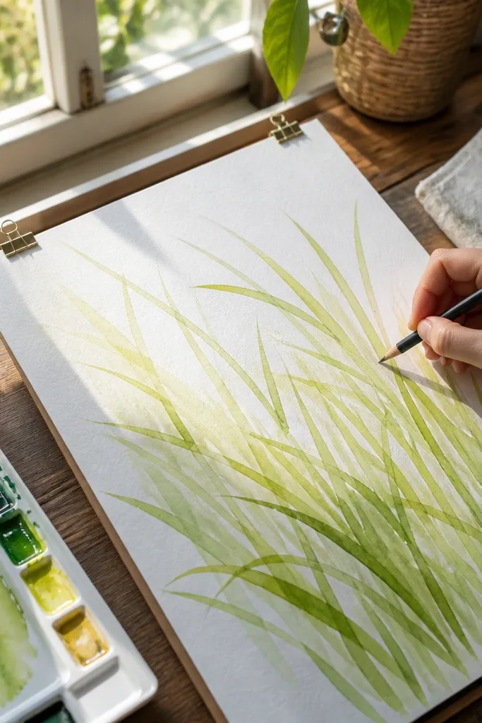 Soft watercolor green grass with sharp colored pencil tips