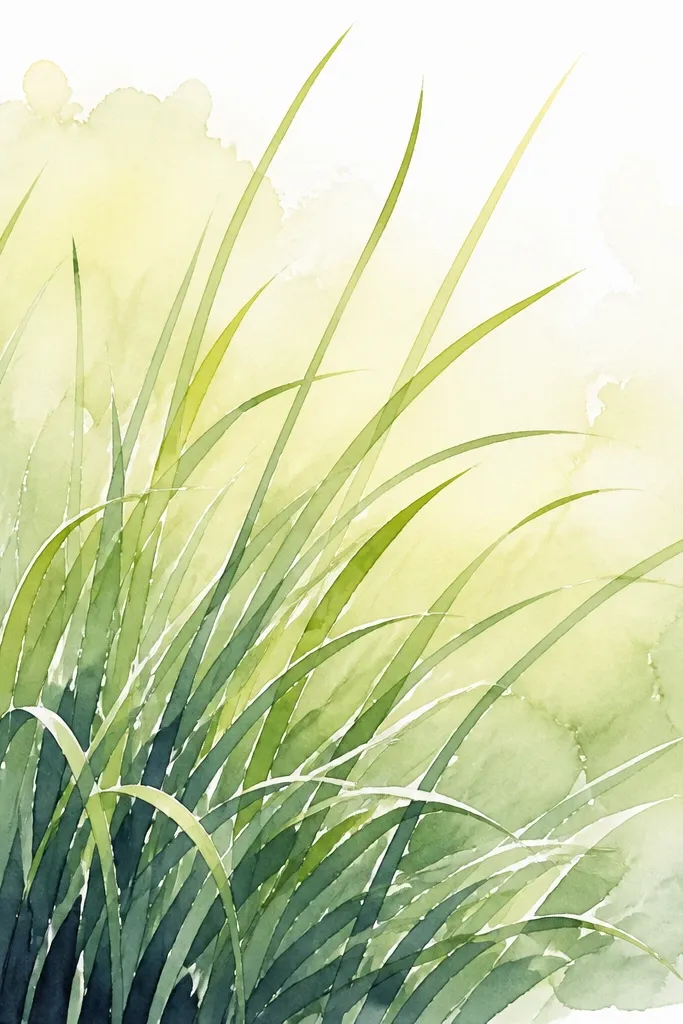 A watercolor grass illustration with airy blades. The tops fade into light yellow-green, while the underside shadows are cooler and darker. There's a gentle wash behind the grass, but the blade tips are still defined and not fully blended.