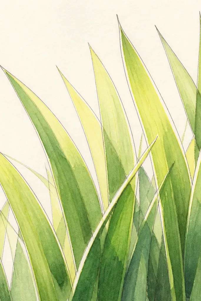 A layered grass drawing where watercolor wash forms the body of the blades, and pencil lines define sharp tips and crisp overlap shadows. The highlight edges are bright and clean, with a lemon tint, while the mid sections are translucent watercolor.