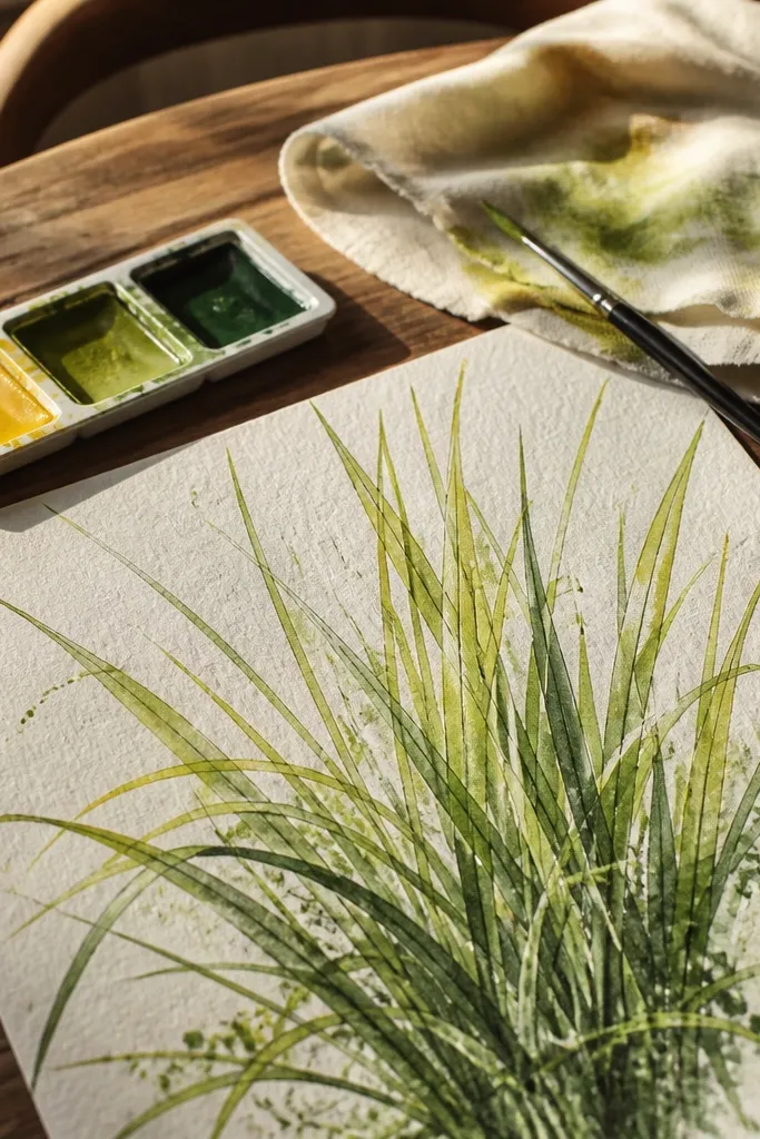 Grass drawing on warm beige paper with bright yellow-green highlights