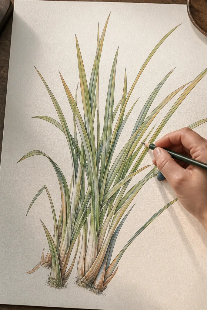 Grass blades with warm yellow-green edges and cool gray-green shadows