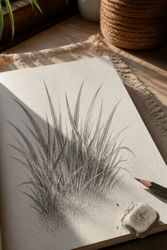 Soft grass base made of pencil dots with crisp blade tips