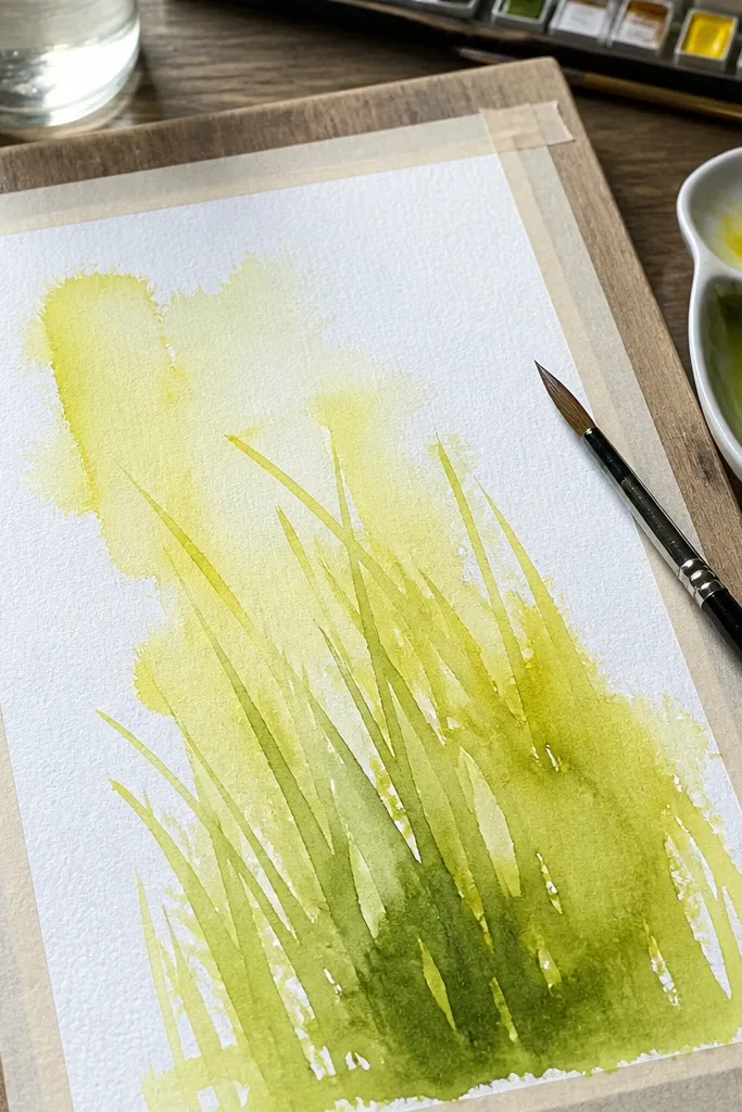 Lemon-green watercolor haze with crisp darker blade tips