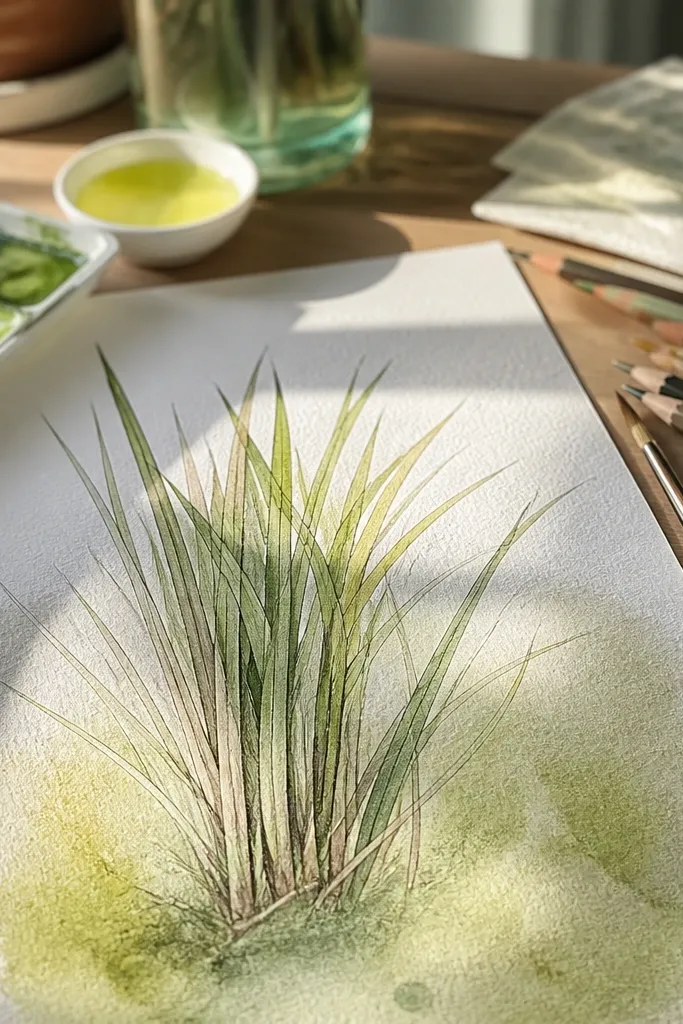 Soft watercolor grass with strong pencil highlights and crisp edges
