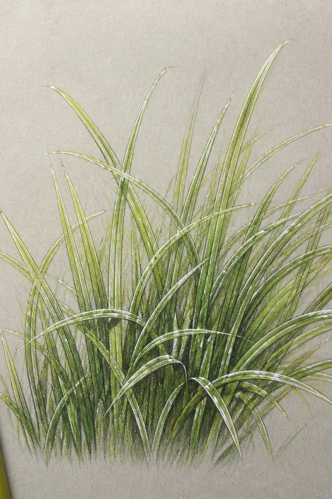 A grass drawing with pencil blades and crisp lemon highlights. Some highlights are brighter and look like a glossy line, likely added with a white gel pen, especially on blade tips and overlap edges.