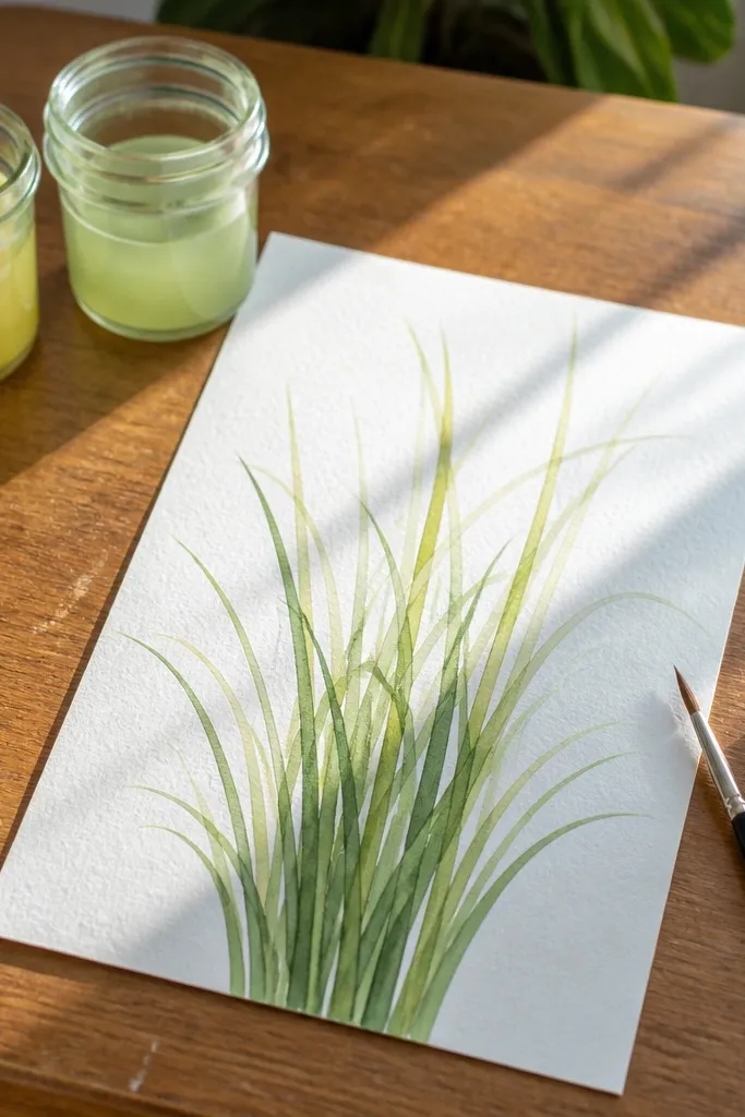 Layered watercolor grass with deeper lower tones and brighter upper highlights