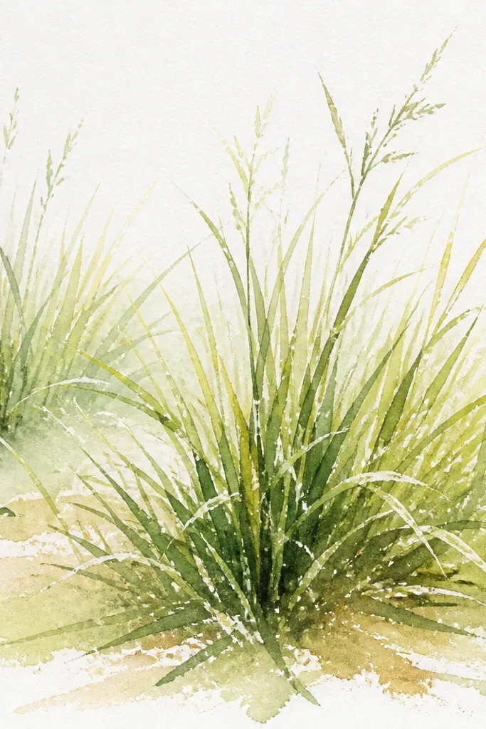 Watercolor grass clusters with visible texture. The blades near the front have speckled dry-brush edges, while the back is smoother and lighter. Lemon highlights appear as lighter strokes and paper shows through in places.
