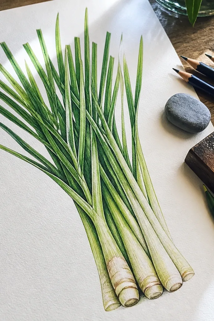 Grass drawing with intentional uncolored highlight gaps along blade edges