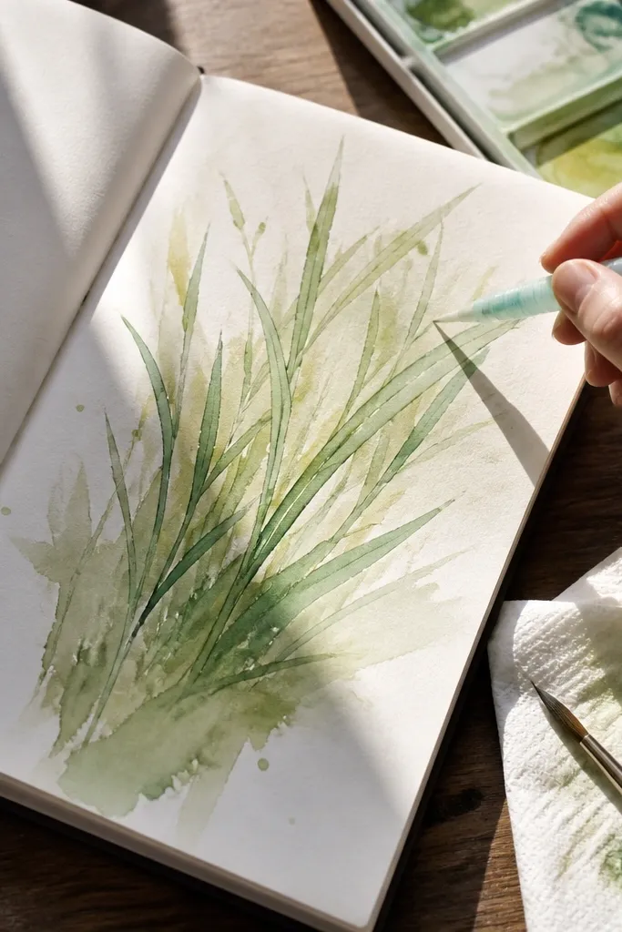 Watercolor grass with very pale lifted highlights on blade edges