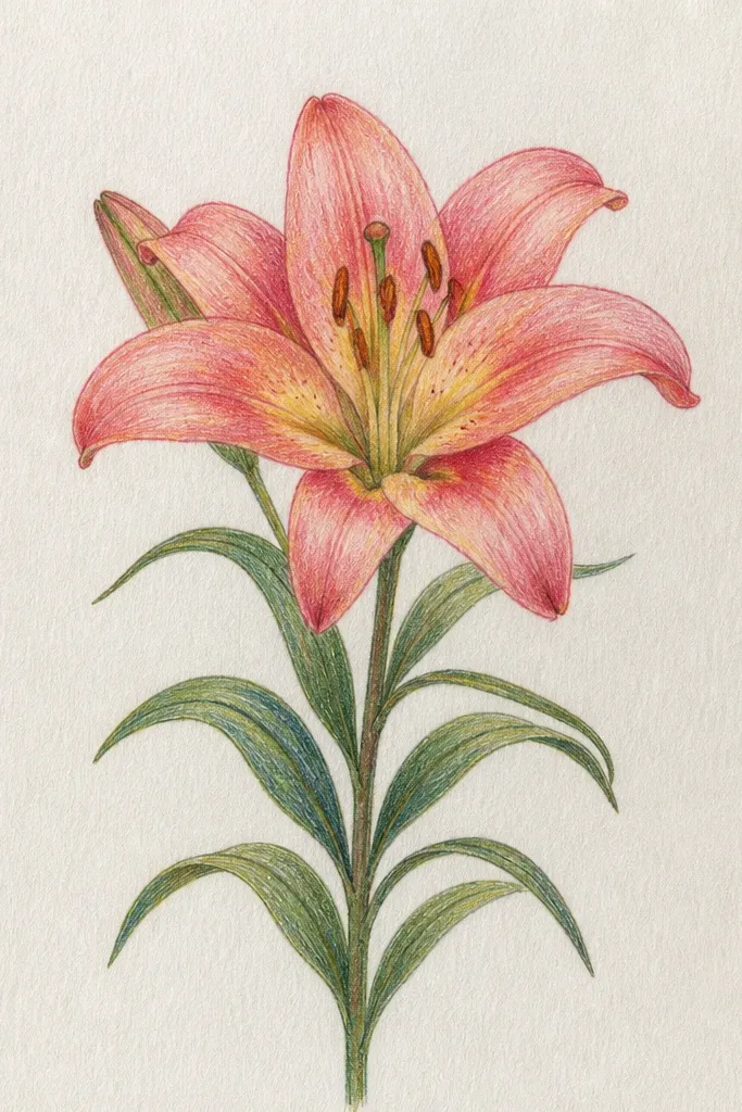 A close-up of a lily drawing on light cream sketch paper. Petals show pale pink to warm white gradients, with darker rose lines running along the veins. The center has a bright highlight area that stays almost untouched, and the background is left mostly white with a faint gray shadow near the stem.