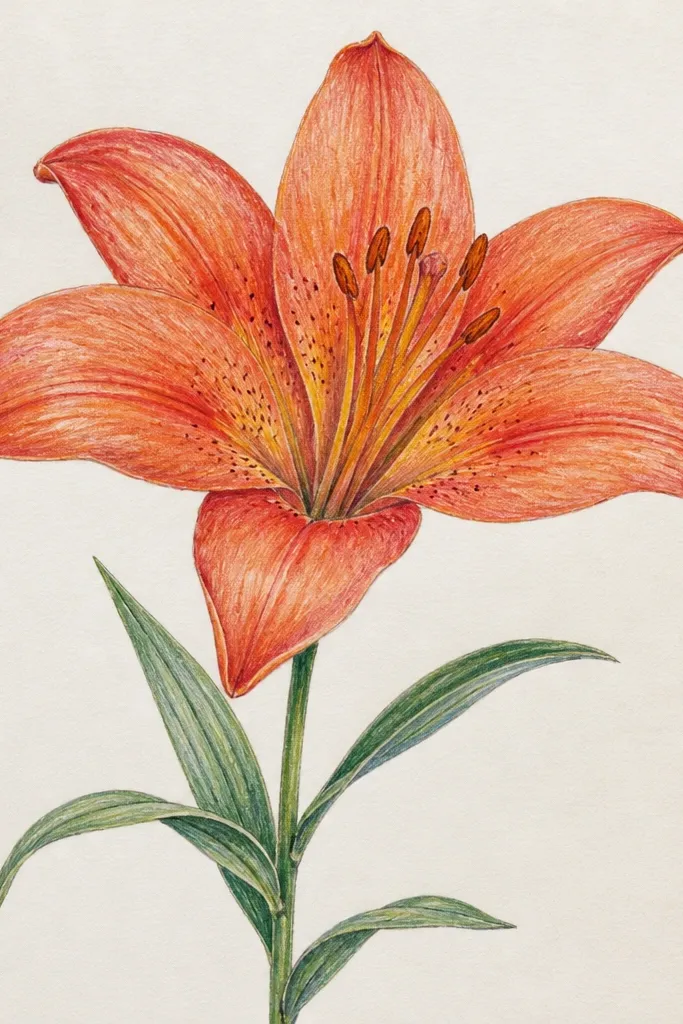 A lily flower drawing with smooth pastel petals. The base color is a light wash of pink and peach, with darker rose veins painted as thin lines. The center has a white highlight that is left blank or painted back in, and the stem is a muted green with a soft gradient.