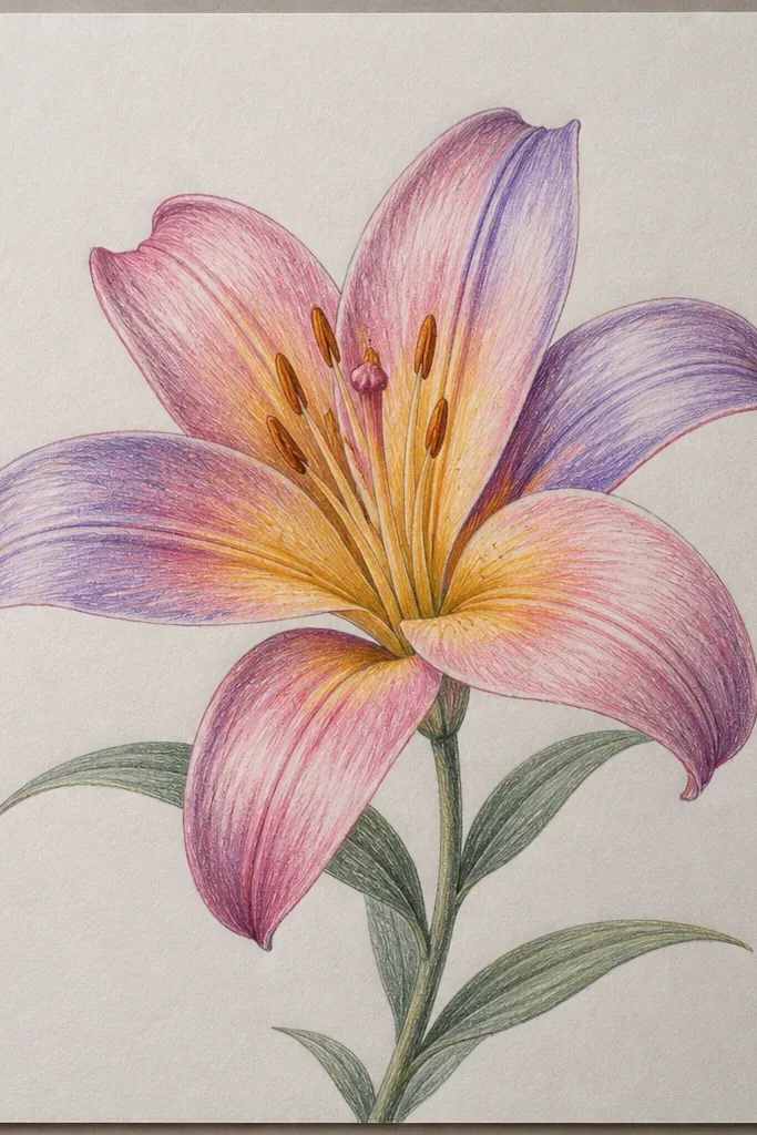 A lily drawing where the outer petals are cooler lavender-gray and the inner petals shift to warm peach. Veins are darker but not black, and the shadows near the stem look smoky. The highlight strip along the petal centers is crisp and bright.