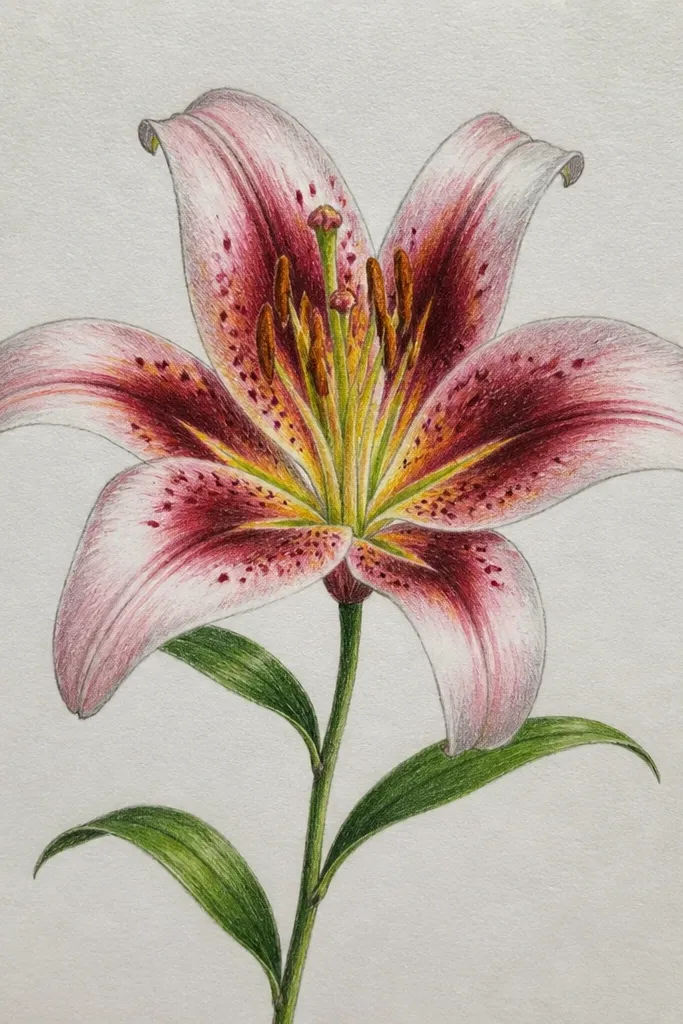 A lily with layered translucent paint. The petals show soft glazing layers, and a few bright highlight streaks look lifted rather than simply left blank. Veins are painted darker and sit on top of the glaze, with a gentle shadow under the petals.