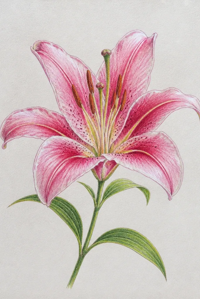 A lily drawing where the shading is done with colored pencil, but the brightest highlights have a slightly raised, glossy look from a white gel pen. The veins are defined with darker pencil strokes, and the petals have smooth gradients that fade into the highlight.