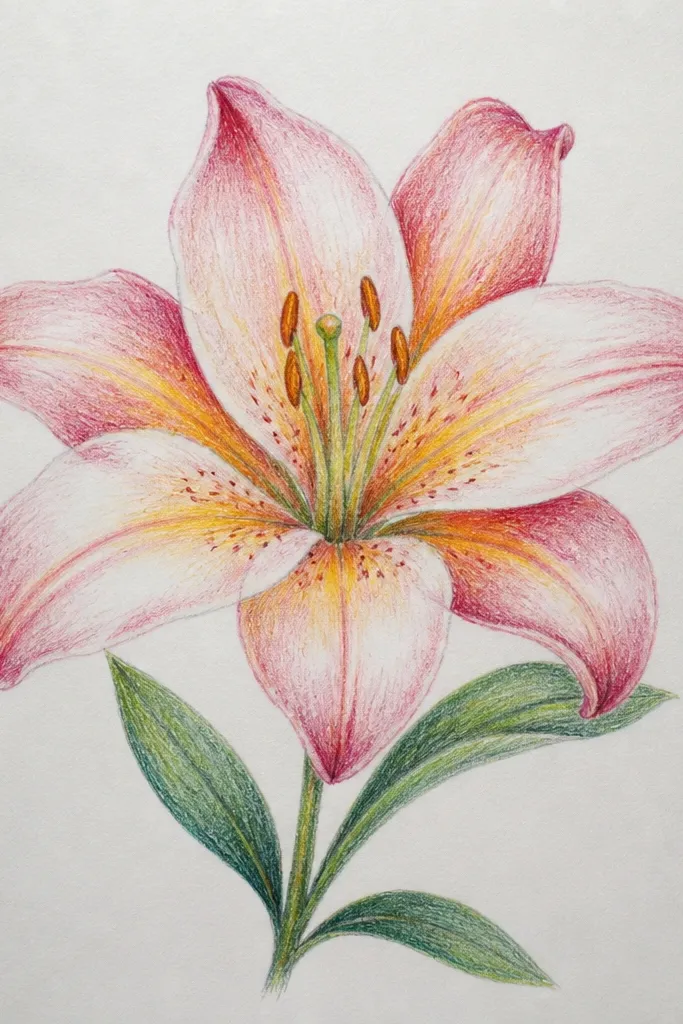 A lily drawing with softer edges on the petals. The base wash blends smoothly with no hard outlines, while the veins are slightly darker and more defined in the center. The overall look is airy, with gentle gradients and a pale background.