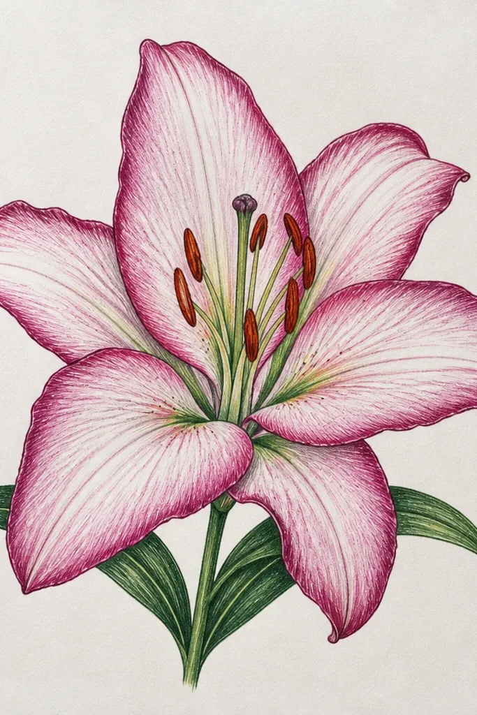 A lily drawing that emphasizes the petal rim. The outer edges are darker and more saturated, while the inner petals fade to pale near the center. Veins run from the base toward the tip, with the darkest lines near the center.