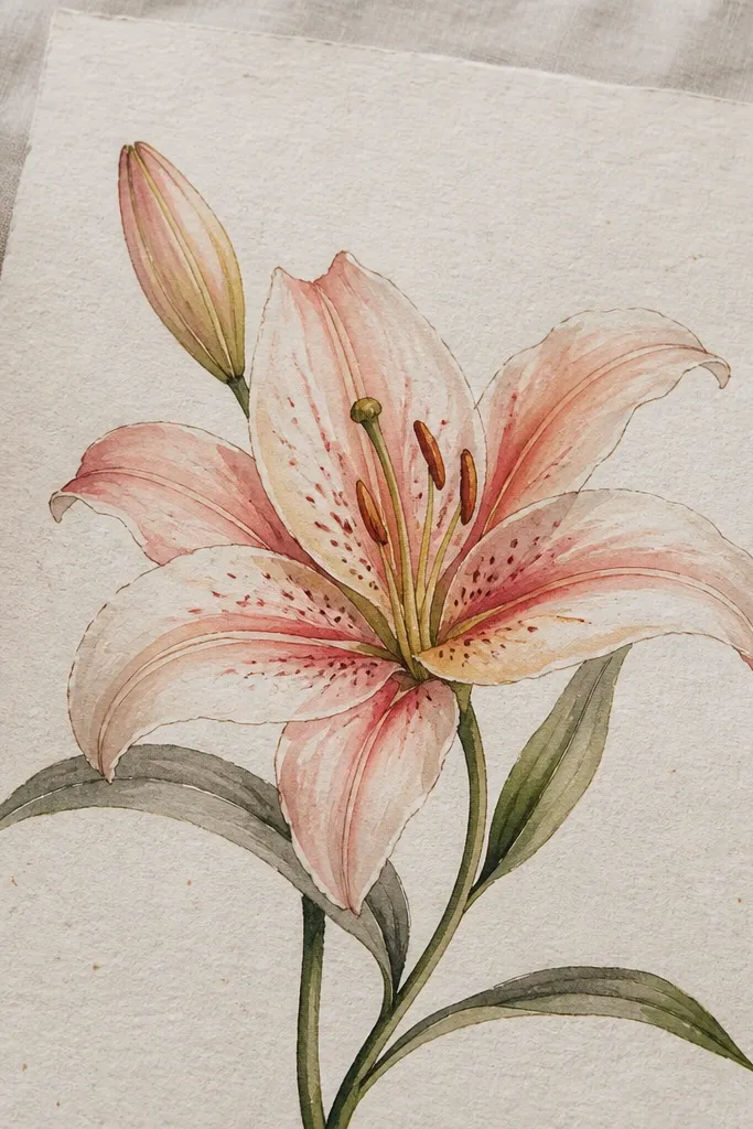 A lily drawing painted on a recycled, slightly textured paper. The petals have soft washes with visible texture, but the edges of the petals and veins are still clean. Highlights are left lighter, and the stem has a muted green wash with a few darker strokes.