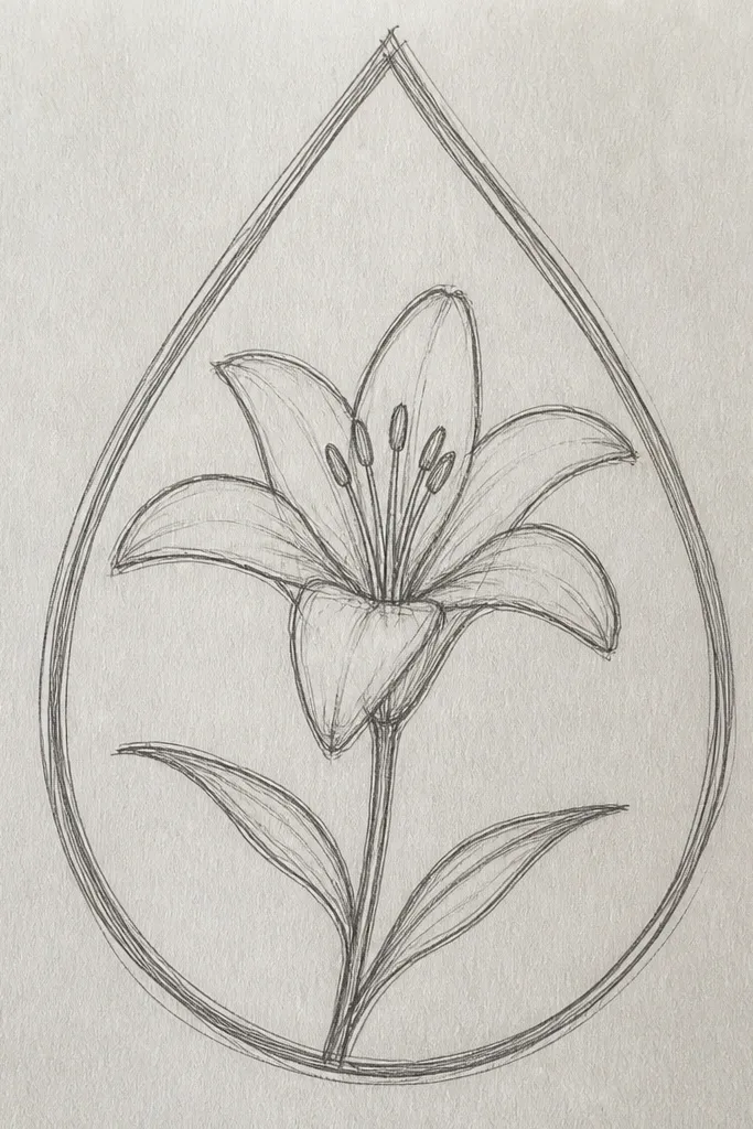 A single lily drawn in pencil and then outlined in black. The petals form a big teardrop shape around a small center cup, with faint inner lines and a few darker dots near the base. The background is left white for contrast.