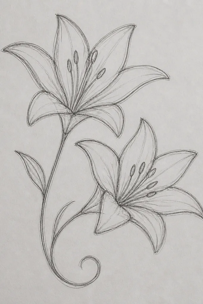 Two lilies sit on a single curved stem that arcs left to right. One flower is slightly higher and turned outward, with visible inner stripes. The leaves are simple ovals with one center line each.