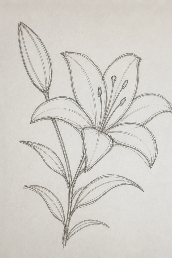 A partially closed lily bud sits below a fully open lily. The bud is drawn as a tight oval with layered petal edges, while the bloom shows clear teardrop petals and a dotted center.