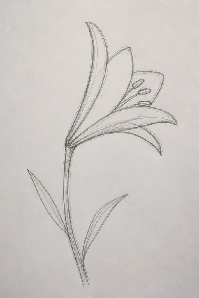 A lily viewed from the side: petals overlap like stacked layers. The center is drawn as a curved cup with short inner lines, and the outer petal edges are thinner and closer together.