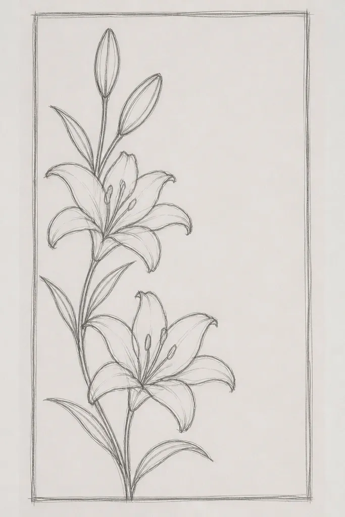 A horizontal border strip filled with repeated mini lilies. Each lily has 6 small petals and tiny dots at the center, spaced evenly along the strip. Leaves appear between flowers.