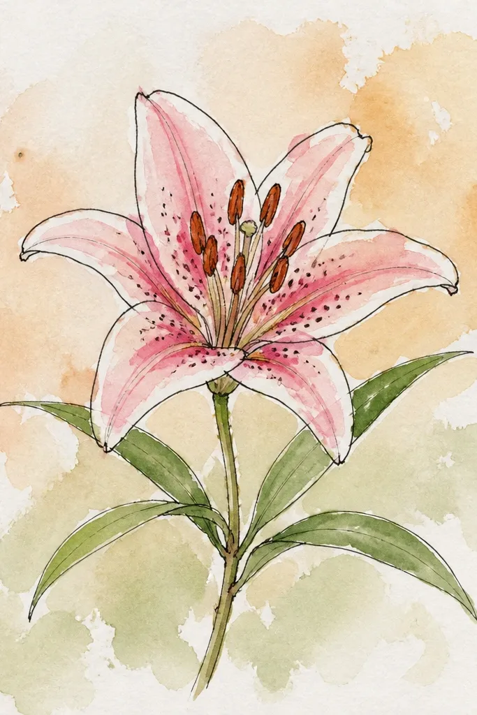 A lily outlined in black on rough recycled cardboard. The petals have a light paint wash in white and pale peach, with darker spots near the center. The cardboard texture shows through the paint.