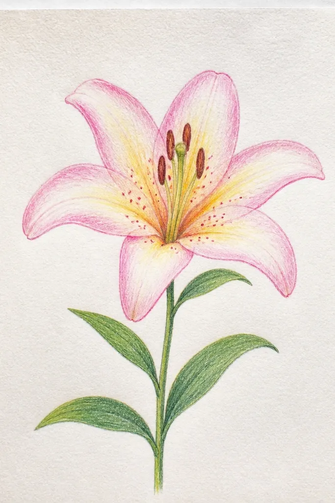 A lily colored with watercolor pencil shading. The top petals fade to near-white, while the bases deepen into soft rose. The center has darker spots and a few inner lines remain visible.