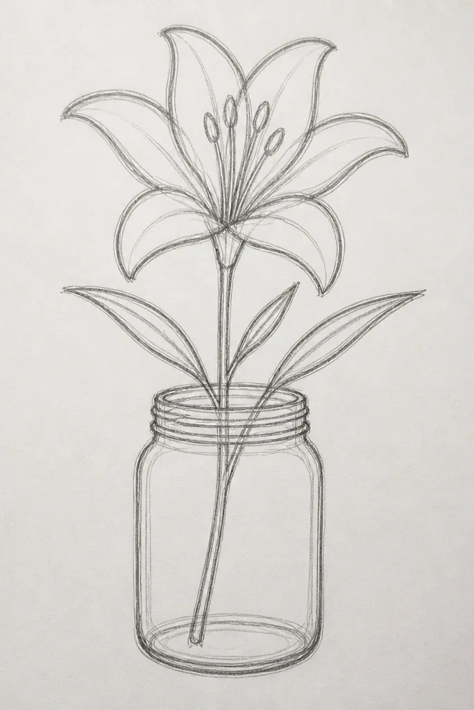 A mason jar drawn with simple lines and a lily bouquet inside. The jar has a lid ring and the lily petals show dots and inner stripes. The label area is blank around the bouquet.
