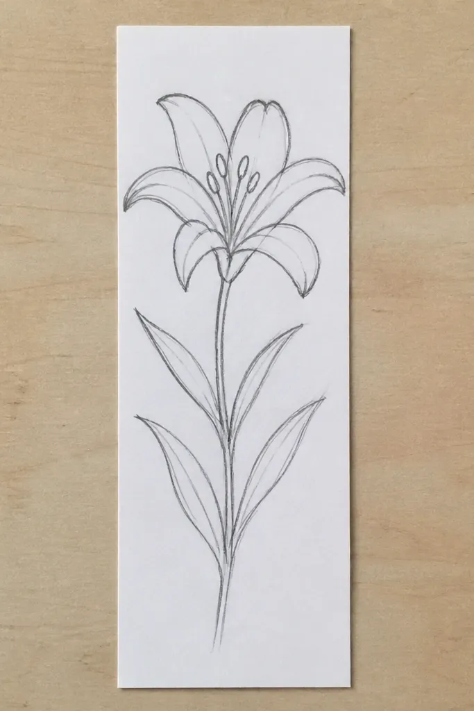 A bookmark shape with a lily at the top and a long stem running down. The lily has dotted center spots and simple leaves along the stem. The bookmark has a straight bottom edge.
