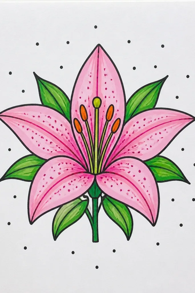 A lily in the center with lots of tiny dot rings around it like a mandala. The lily petals have inner lines and the center base has a cluster of dots. The outer area is filled with evenly spaced dot circles.