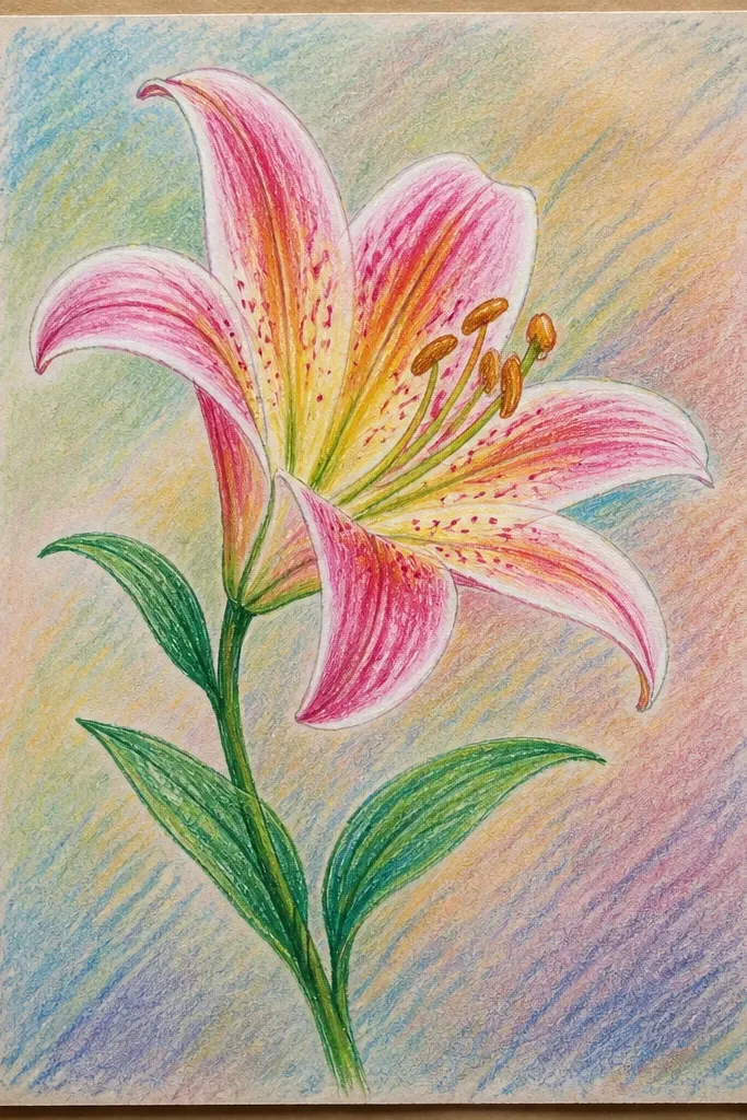 Several lilies drawn in profile running along a roll of paper. Each lily looks like a narrow cup with overlapping petals, and the centers have small dots. Leaves sit between flowers like commas.