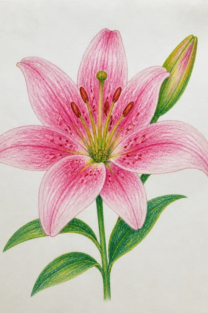 A lily outlined in black with pale pink petals. The center base has a small glitter gel cluster of dots, catching light. The rest of the petals are matte colored so the glitter stands out.