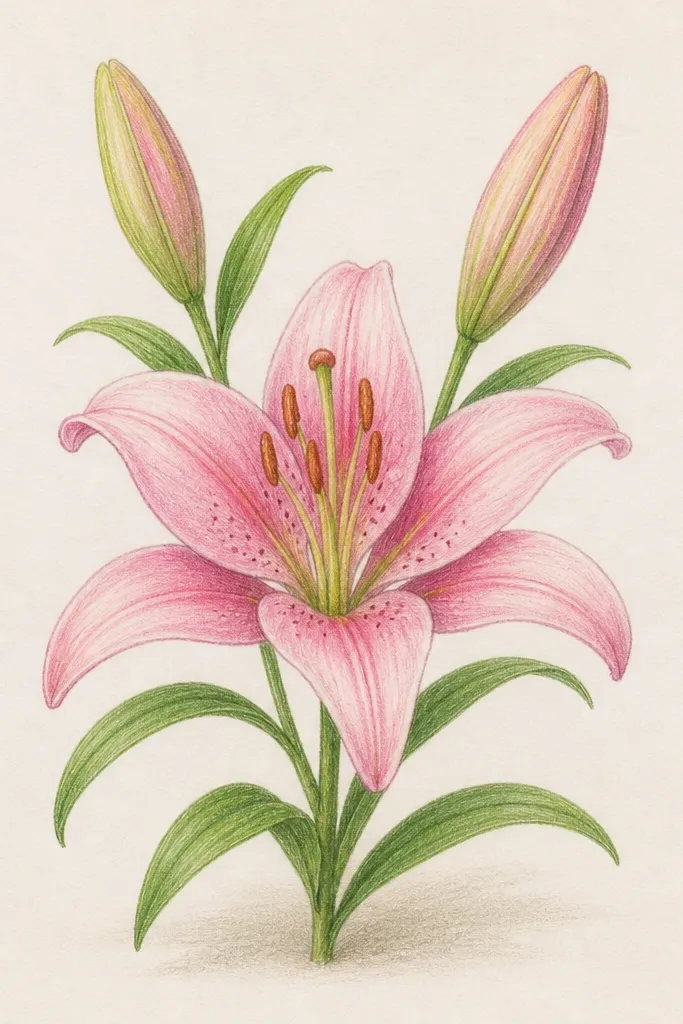 A lily with subtle shadow under each petal. The petals are pale cream, and shadows appear as light peach strokes along one side of each petal. The center has warm brown dots and thin inner lines.
