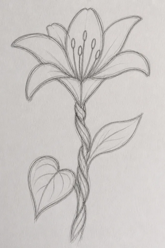A twisting lily stem with a heart-shaped leaf hidden among the green leaves. The lily petals are drawn in smooth teardrops with dotted center spots and simple inner stripes.