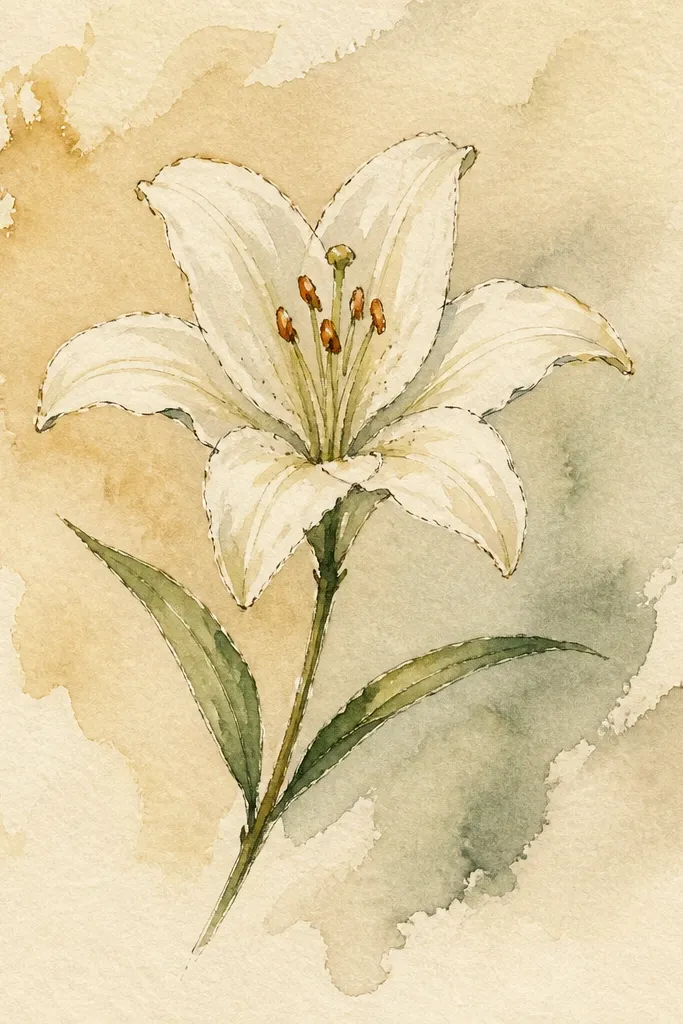 A centered lily drawing painted on warm cream watercolor paper. The petals are mostly white with soft blush pink washes, and the fold lines are faintly darker. A thin green stem curves slightly left, with two small leaves.