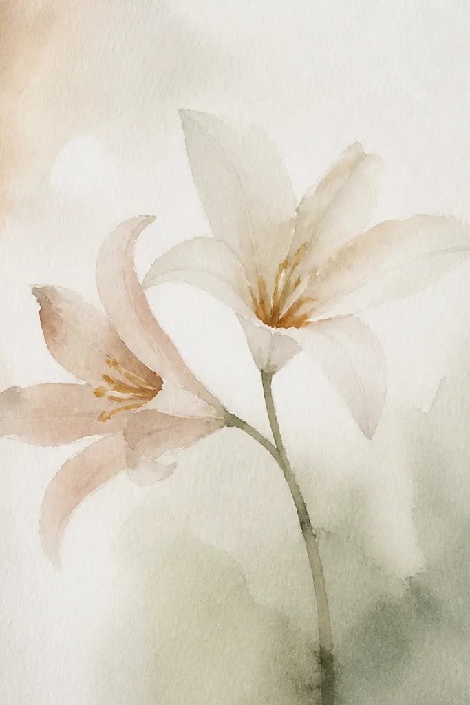 Two lily flowers share the page. One faces forward with open petals, the other tilts slightly toward it. Colors are pale pink and lavender with darker fold shadows. Green stems cross gently at the bottom.