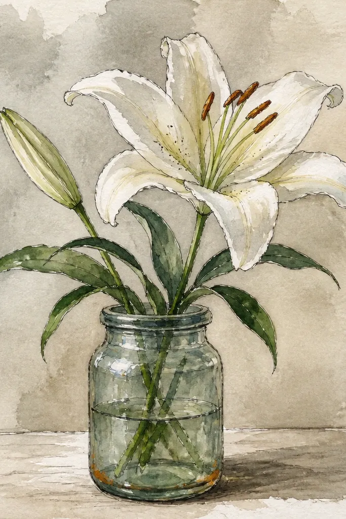 A watercolor lily drawing with a simple jar silhouette behind it. The jar is pale gray-blue, and the lily petals have pink gradients. The stem and leaves sit inside the jar shape.