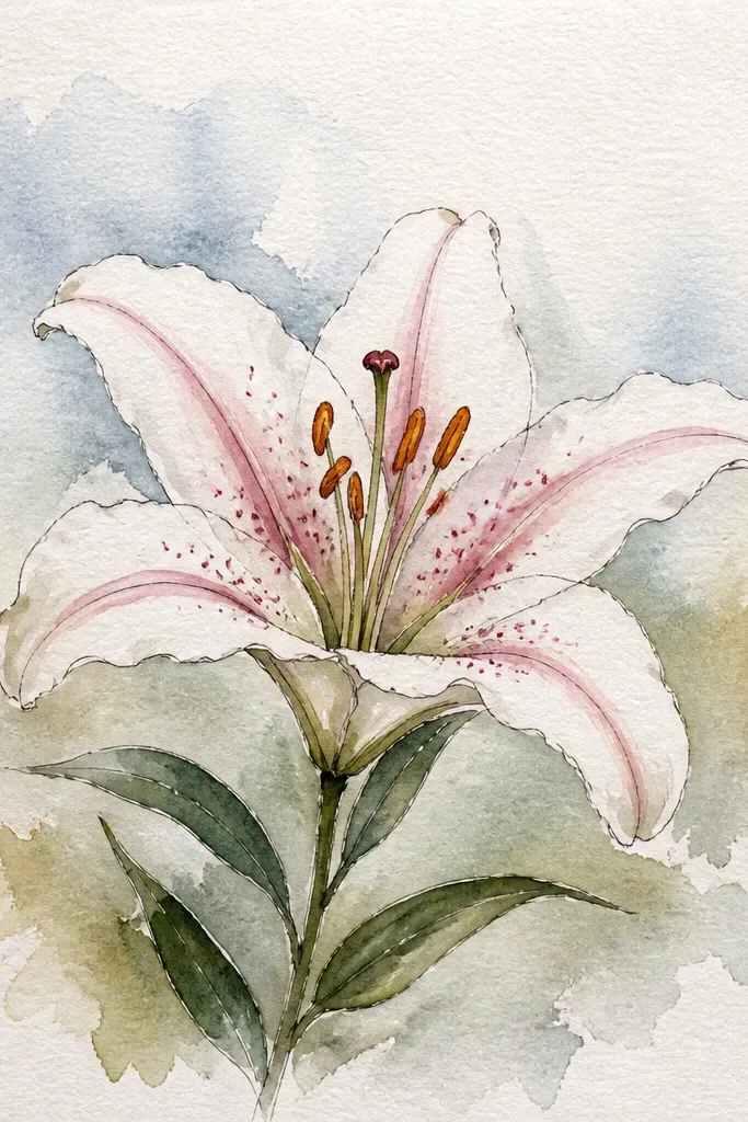 A mostly white lily with subtle pink veins radiating from the center. The petals have tiny blush streaks and soft gray-violet shadows near the base. The stem is cool green with a darker underside edge.