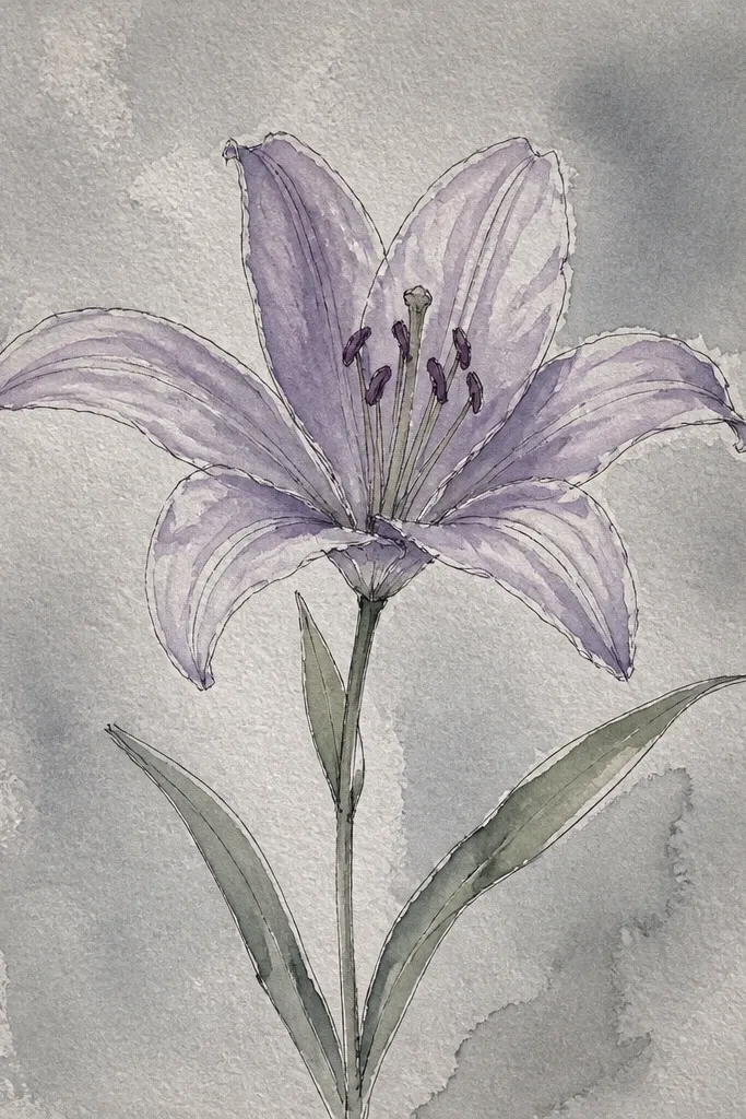 A lily painted on pale gray paper. The petals are mostly light with lavender shadows, and the center has soft pink. The leaves are muted green with darker gray undertones.