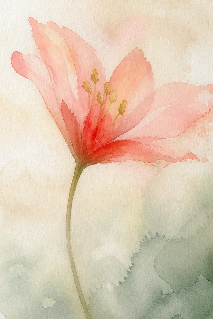 A lily with coral outer petals and deeper coral folds. Petals overlap with visible translucent layers, and the center has warm yellow stamen dots.