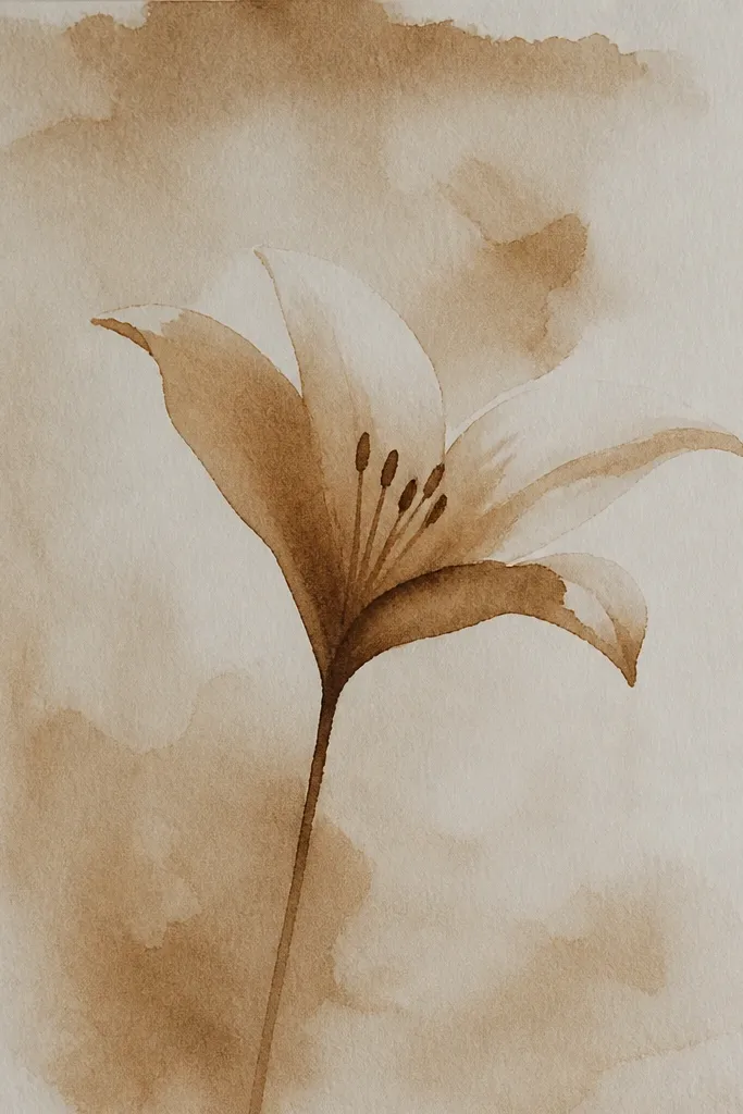 A single lily painted entirely in sepia tones. The petals have light sepia washes and darker fold shadows. The stem and leaves are drawn in a similar sepia-green mix.