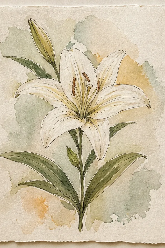 A lily centered inside a hand-painted botanical border. Corners have small leaf sprigs and thin stems in green. The lily petals are pale pink with darker folds.