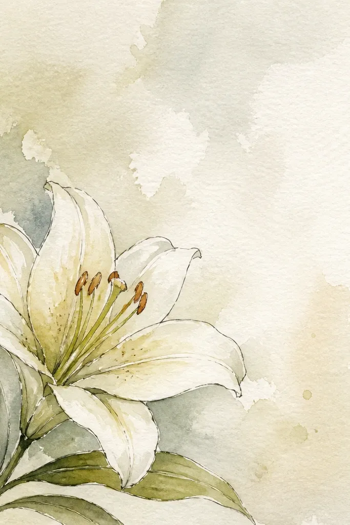 A lily painted in the top-right corner of the page, with a curved stem trailing downward. Petals are pale pink with lavender folds and tiny stamen dots near the center.