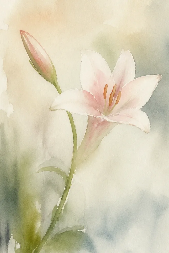 An open lily and a tighter lily bud next to it. The bud is mostly closed petals with a pale pink wash and darker fold hints. The stem connects both flowers with two leaves.