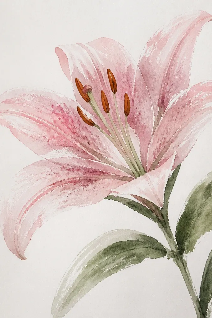A lily drawn with visible brush texture. Petals have soft pink washes with dry brush speckles. The folds are darker and slightly streaky. Leaves are loosely painted with textured edges.