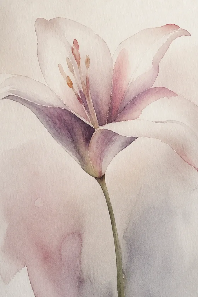 A close-up lily drawing with petals filling most of the page. The folds are clearly defined with darker washes. Stamen dots are crisp, and the edges of petals are clean and soft.