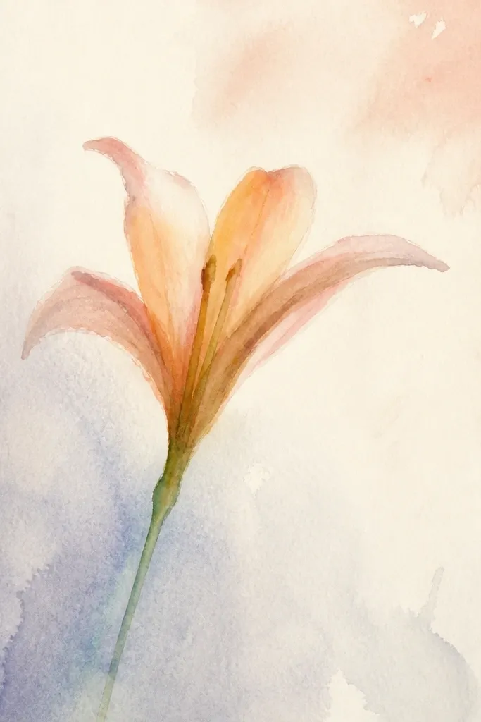 A lily where some petal edges look intentionally feathered and slightly bleed outward. The petals are pale pink with lavender shadows, and the stem is clean and darker green.