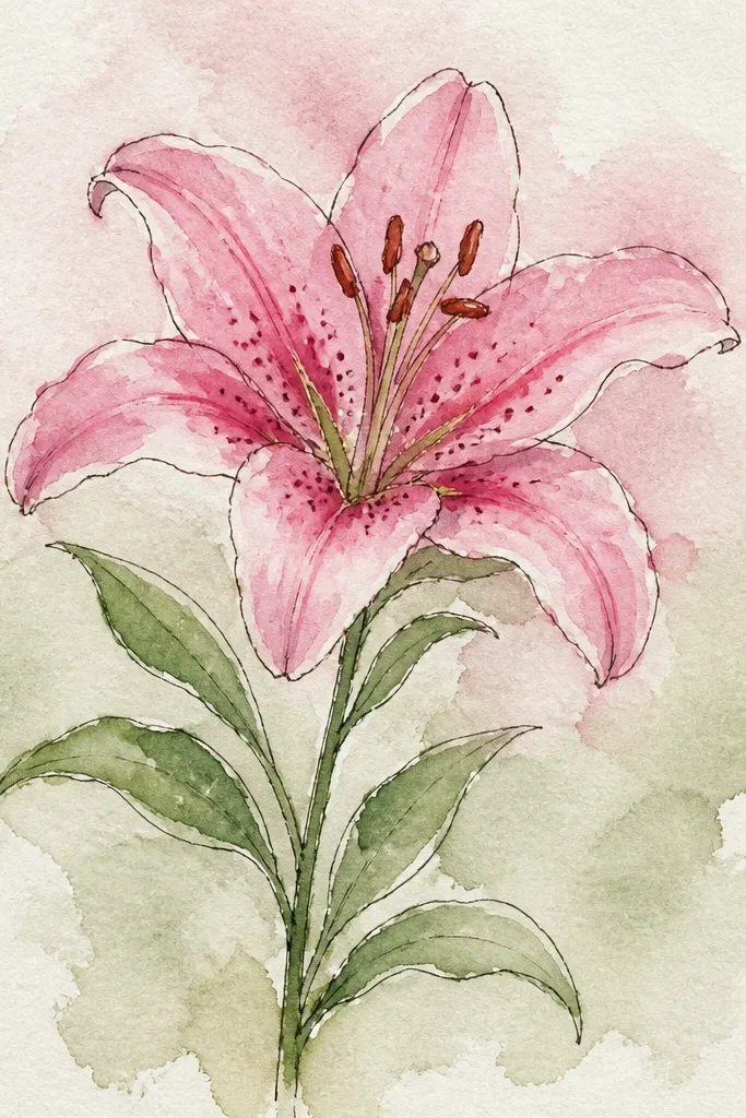 A lily painted with only pink for petals and green for stem/leaves. The folds are formed with darker pink mixed with the same rose pigment, not violet. The leaves have simple green shading.